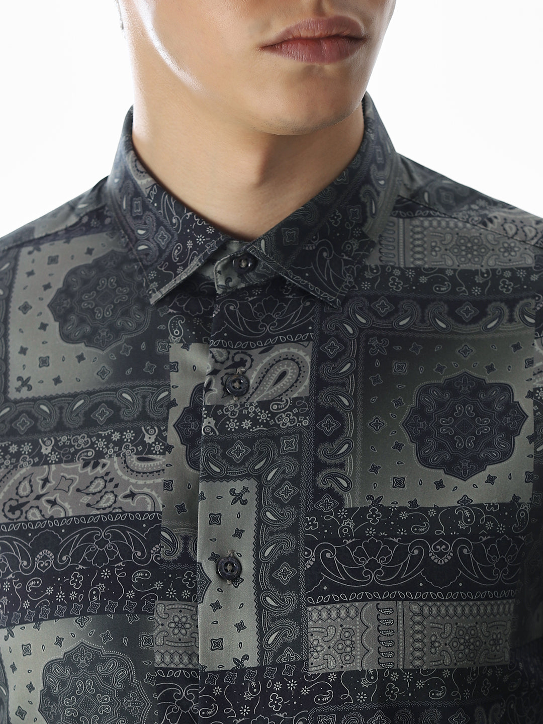 Printed Olive Green Slim Fit Shirt