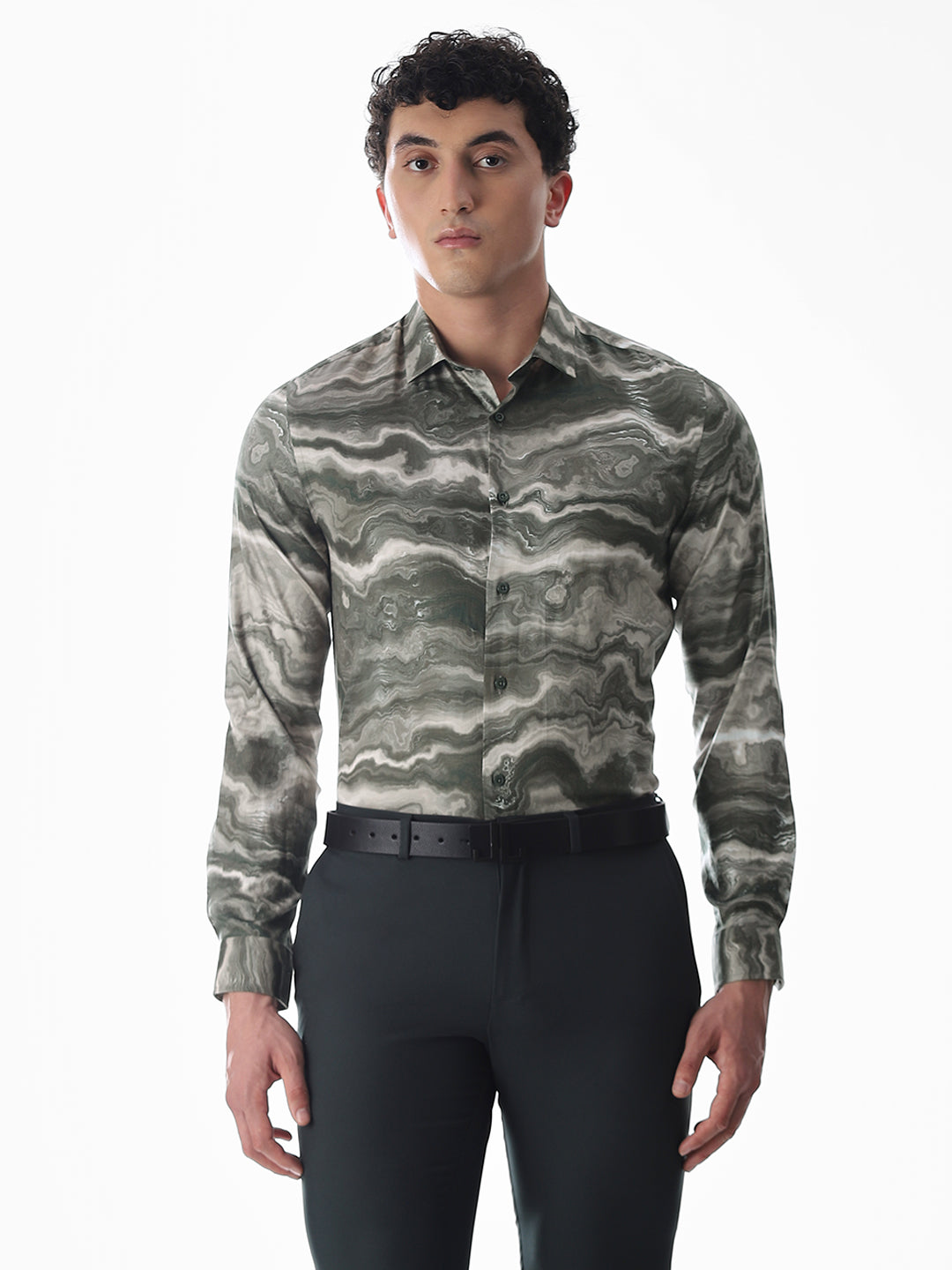 Abstract Print Dark Green Slim Fit Shirt
