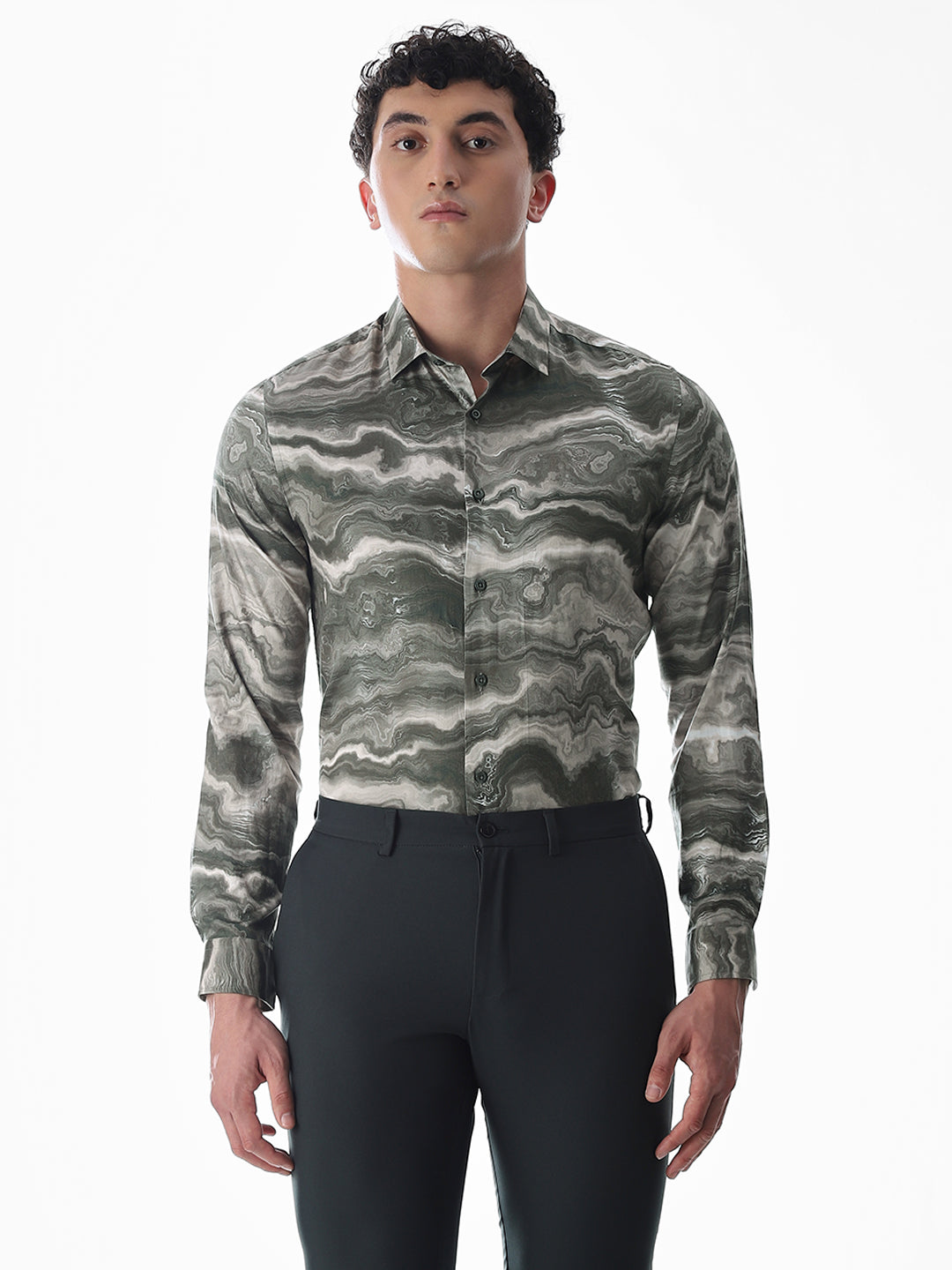 Abstract Print Dark Green Slim Fit Shirt