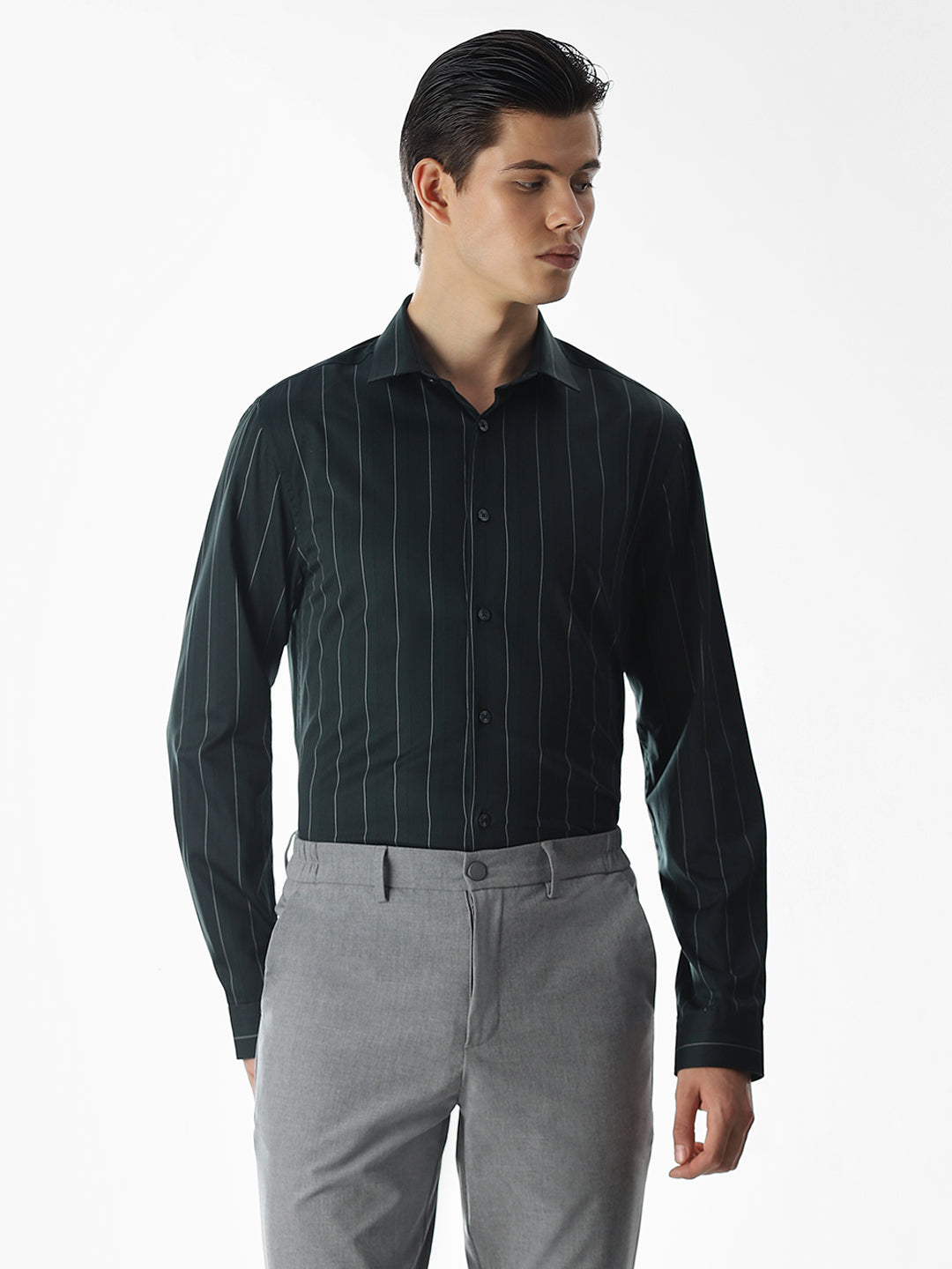 Dark Green Striped Cotton Shirt