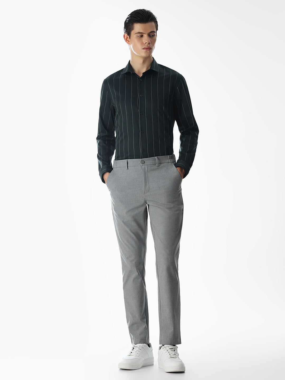 Dark Green Striped Cotton Shirt