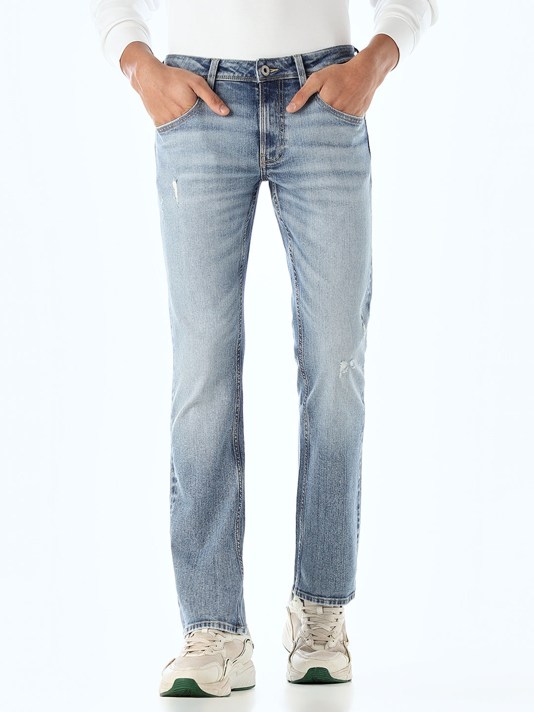 Mildly Distressed 5 Pocket Regular Fit Jeans