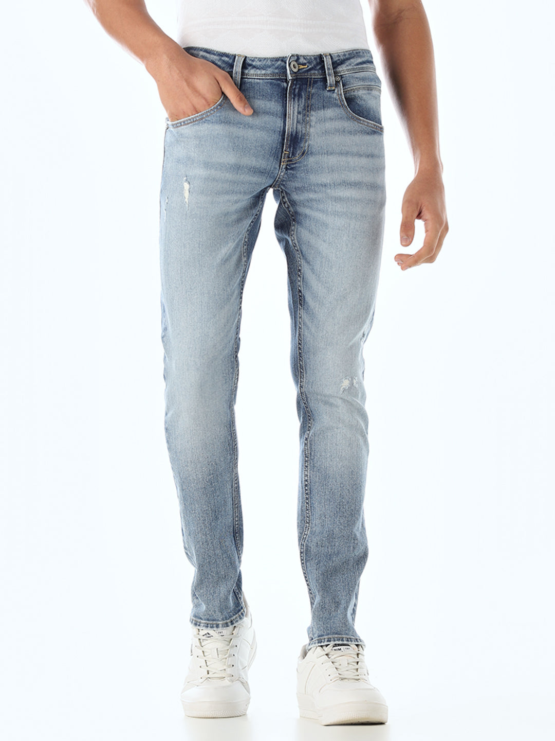 Mildly Distressed 5 Pocket Slim Fit Jeans