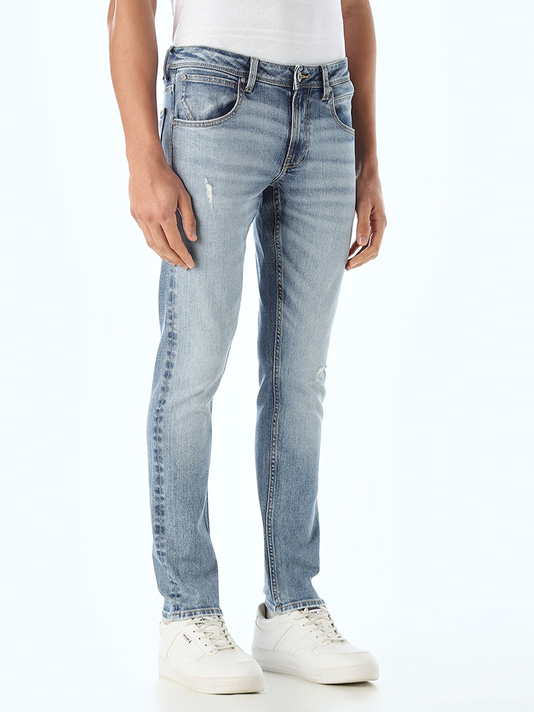 Mildly Distressed 5 Pocket Slim Fit Jeans