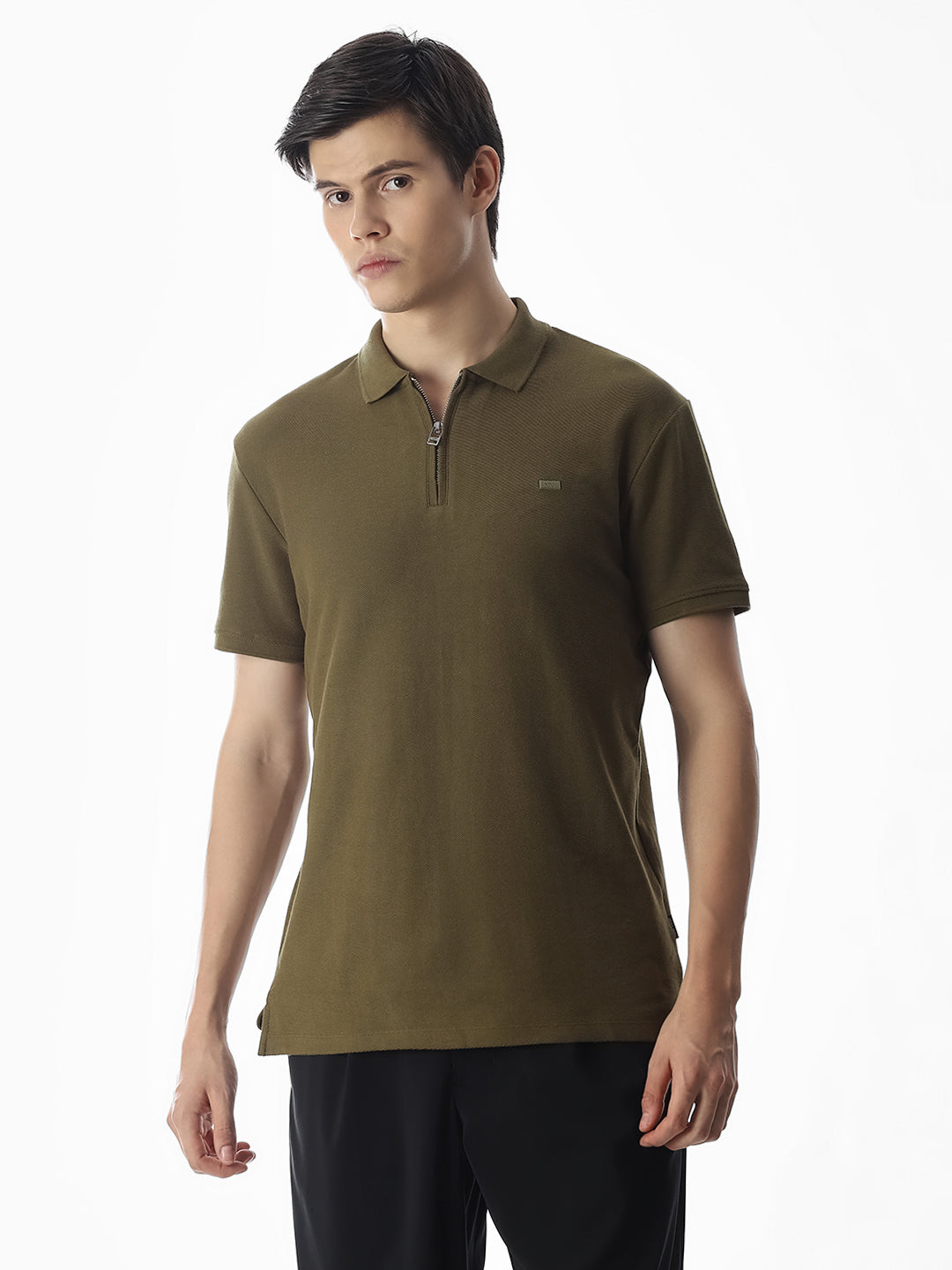Zipper Detail Cotton Polo - Olive