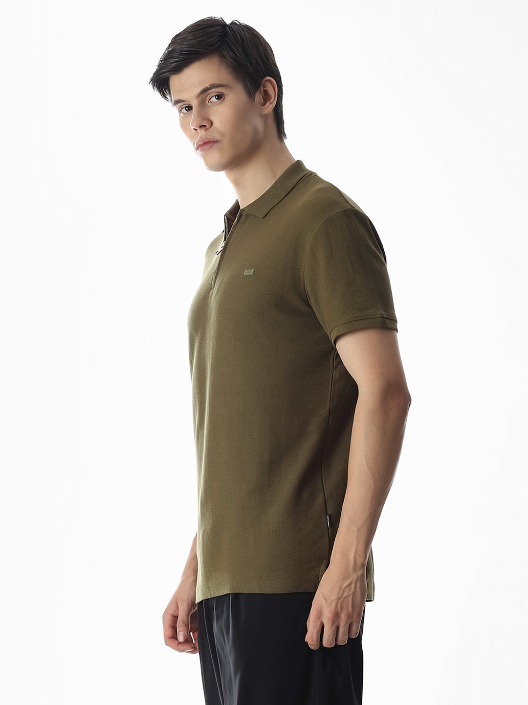 Zipper Detail Cotton Polo - Olive