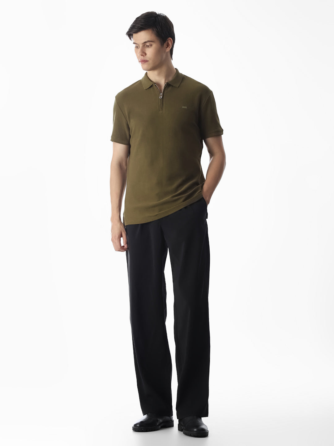 Zipper Detail Cotton Polo - Olive