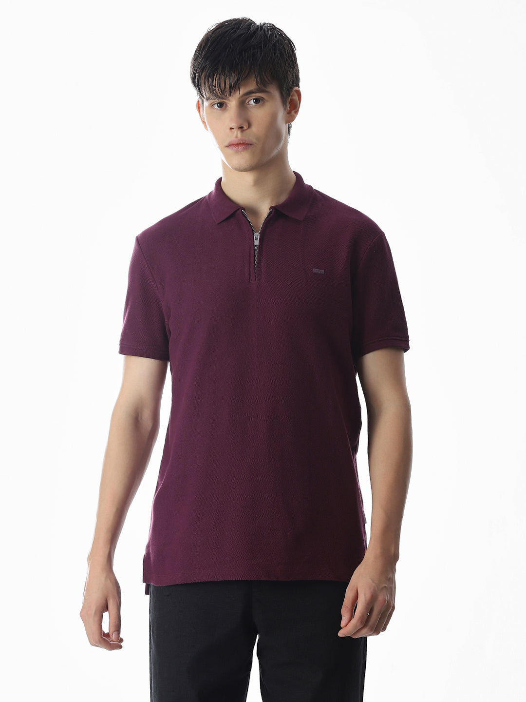 Zipper Detail Cotton Polo - Purple
