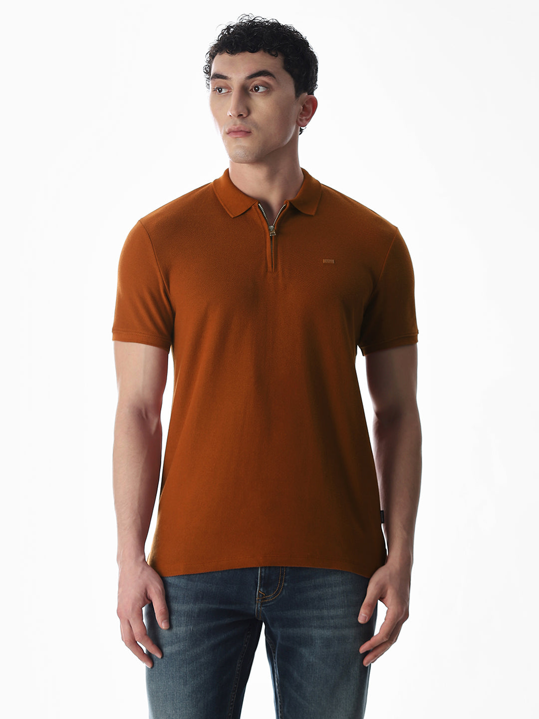 Zipper Detail Cotton Polo - Ginger Brown