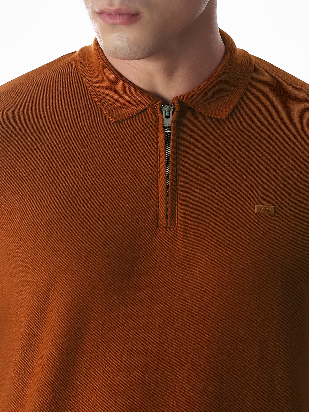 Zipper Detail Cotton Polo - Ginger Brown
