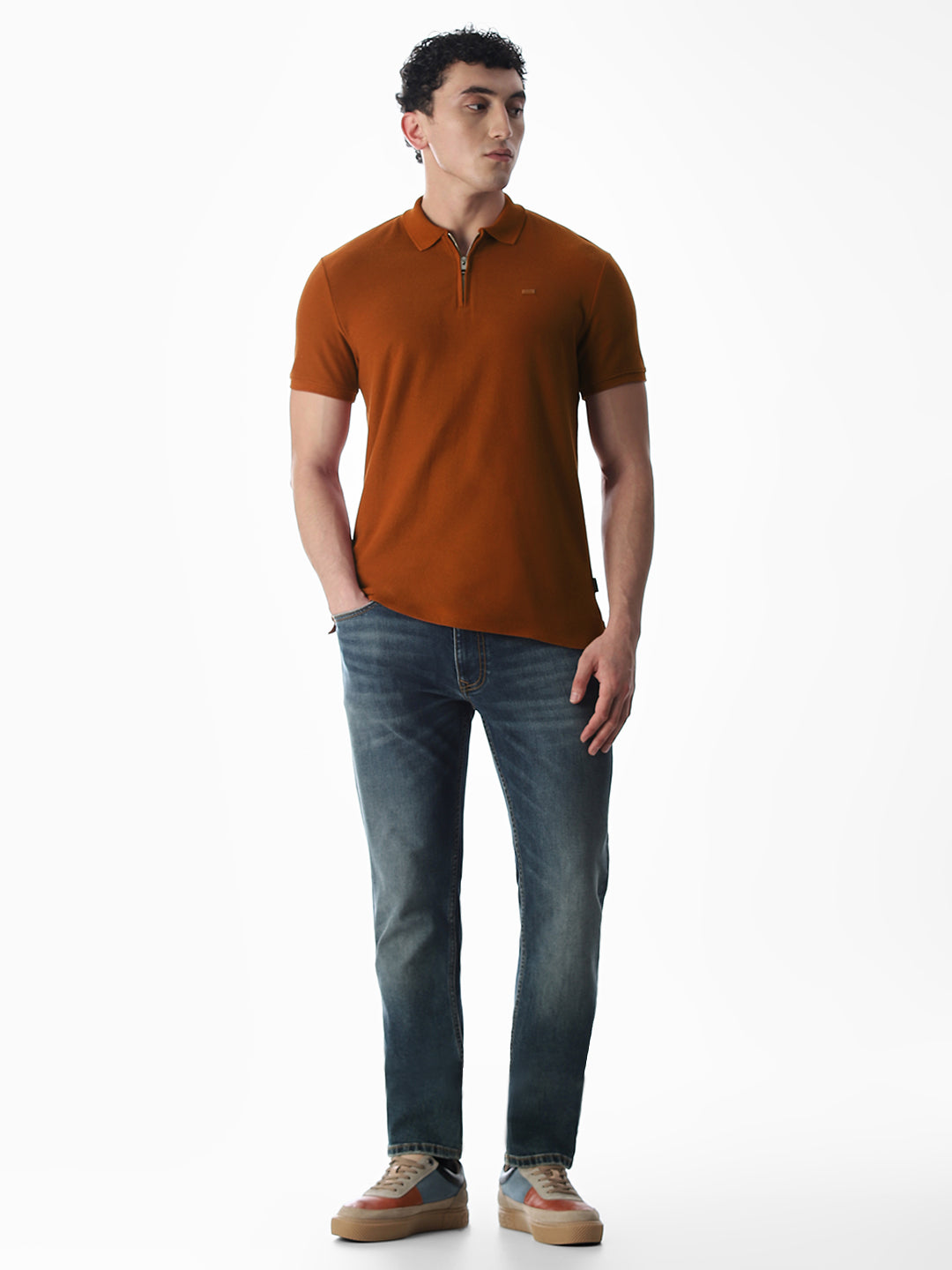 Zipper Detail Cotton Polo - Ginger Brown