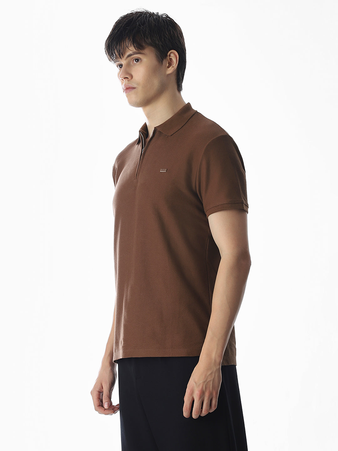 Zipper Detail Cotton Polo - Dark Brown
