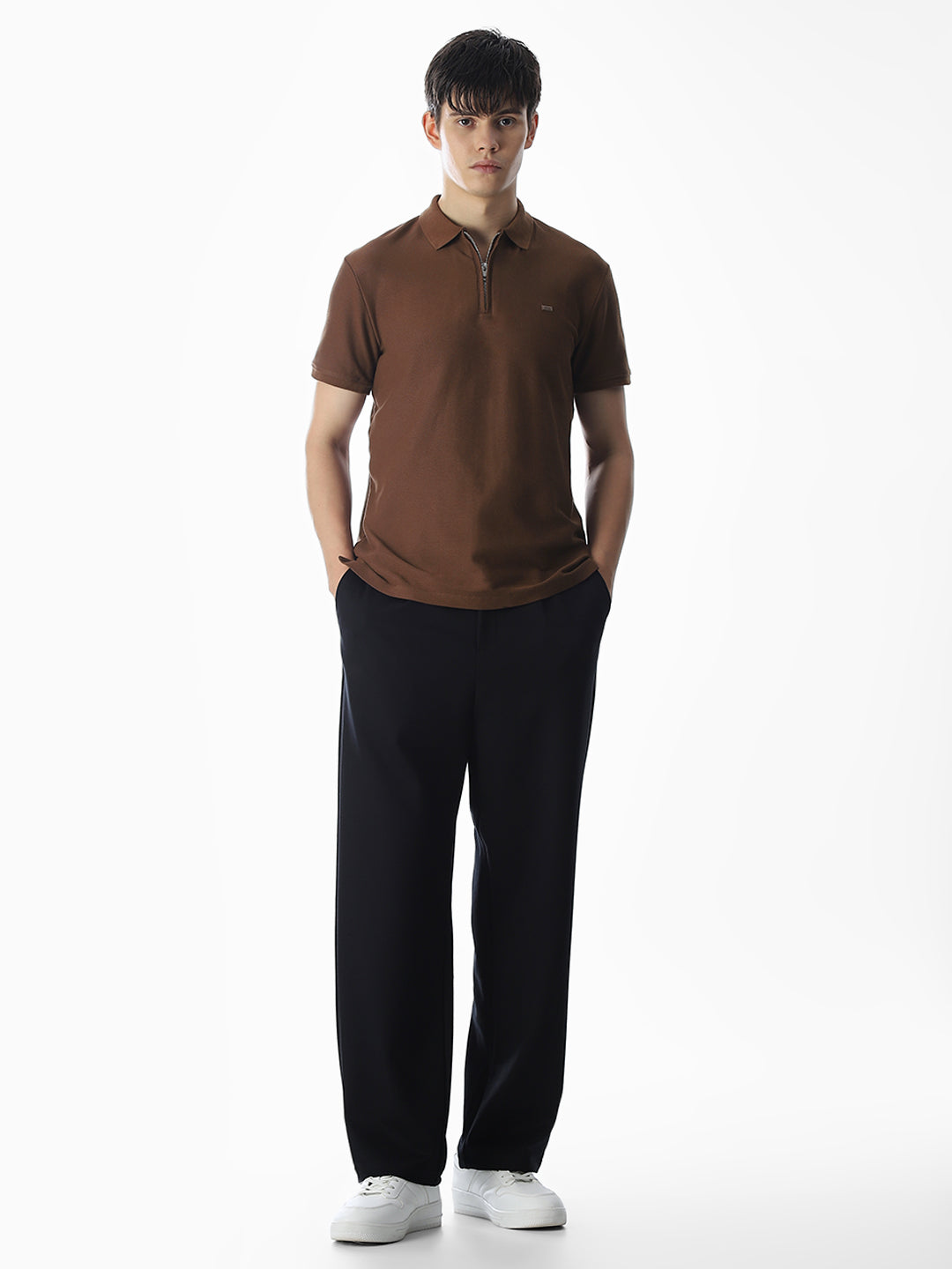 Zipper Detail Cotton Polo - Dark Brown