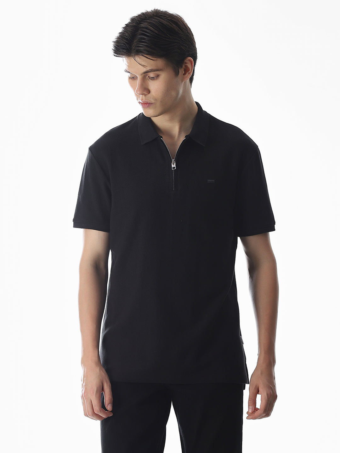 Zipper Detail Cotton Polo - Black