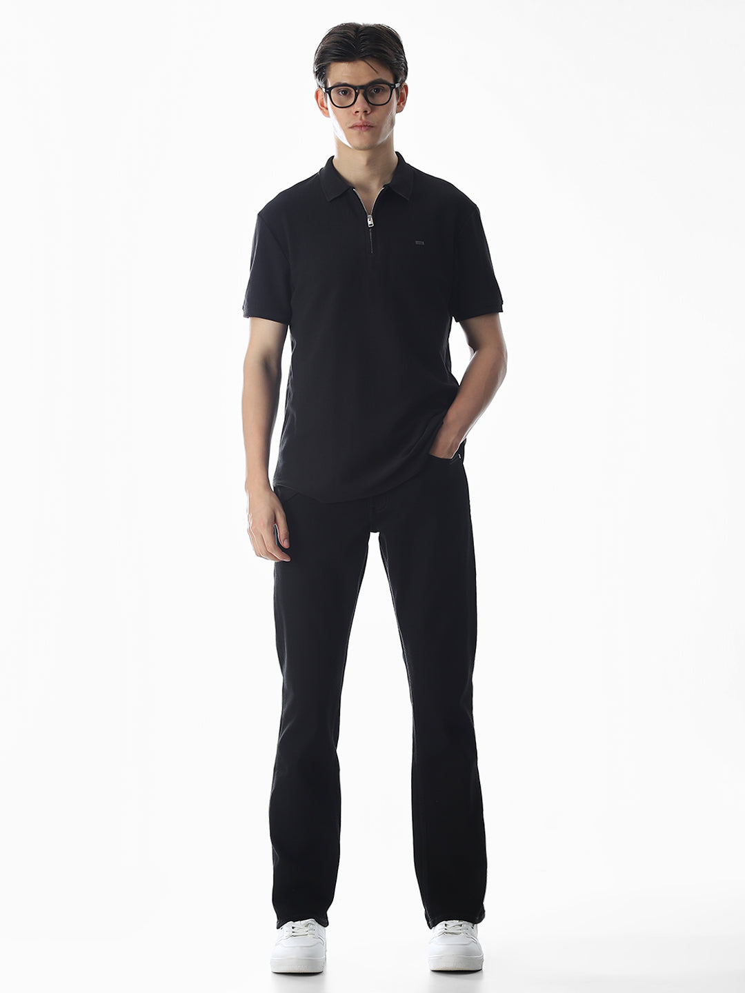 Zipper Detail Cotton Polo - Black