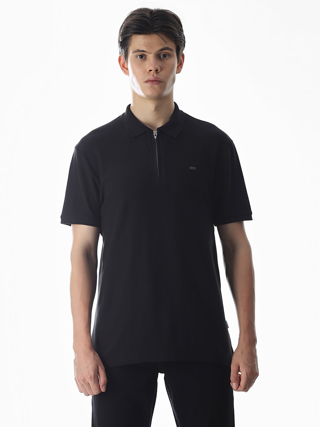 Zipper Detail Cotton Polo - Black