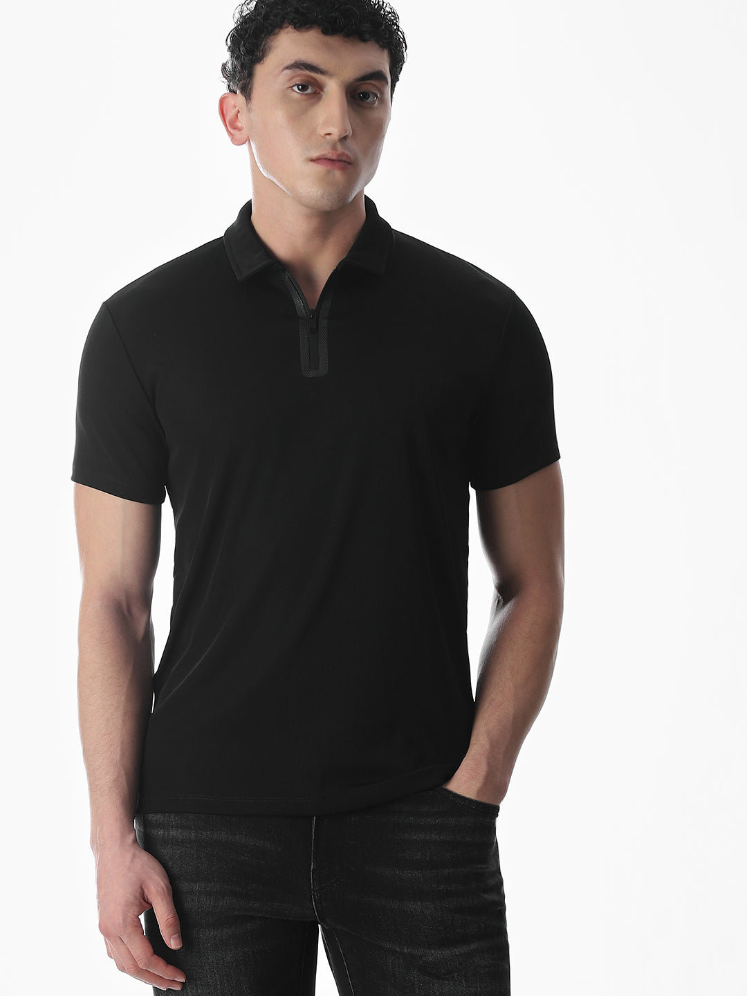 Zipper Detail Polo - Black