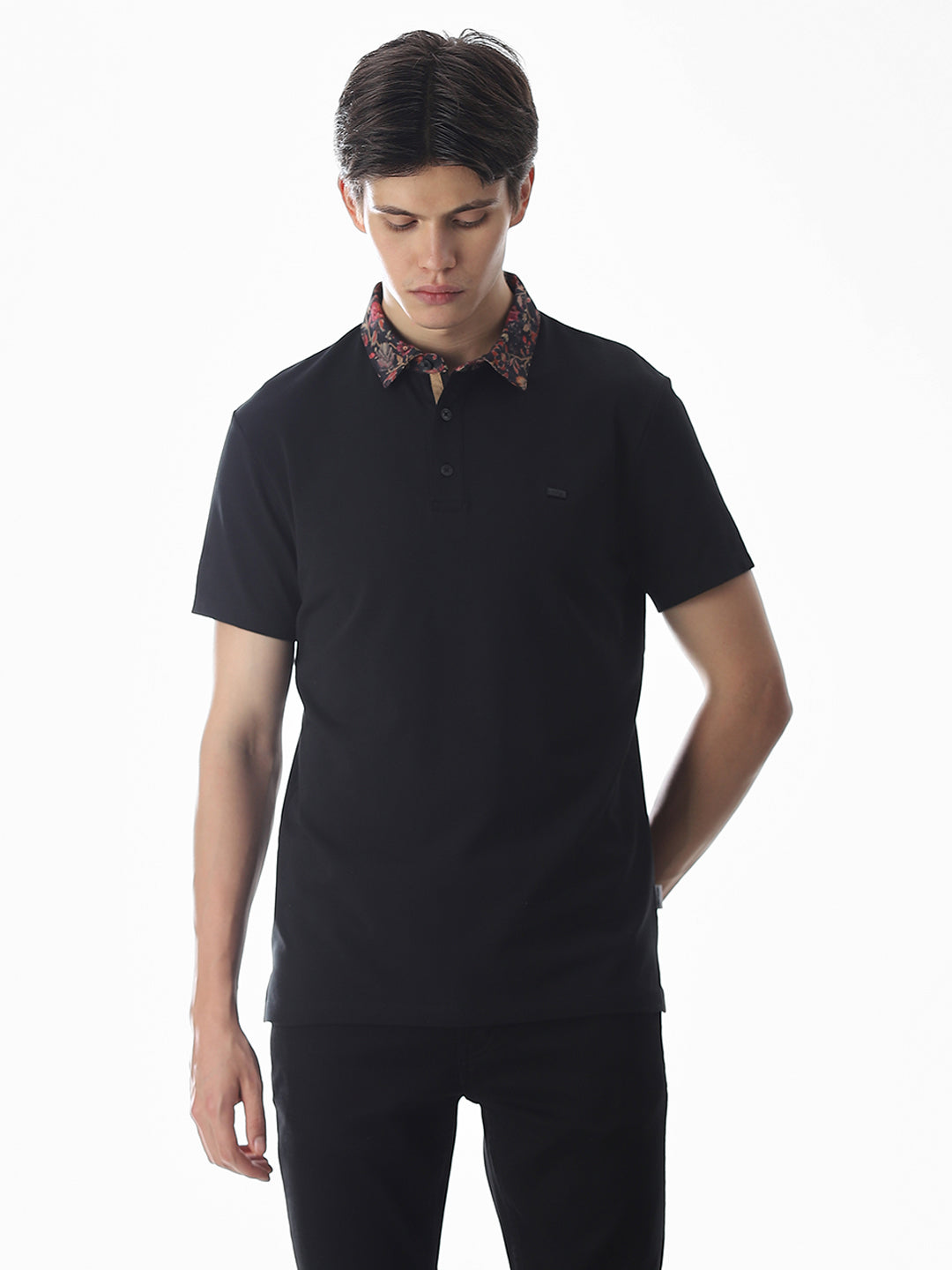 Printed Collar Regular Fit Polo - Black