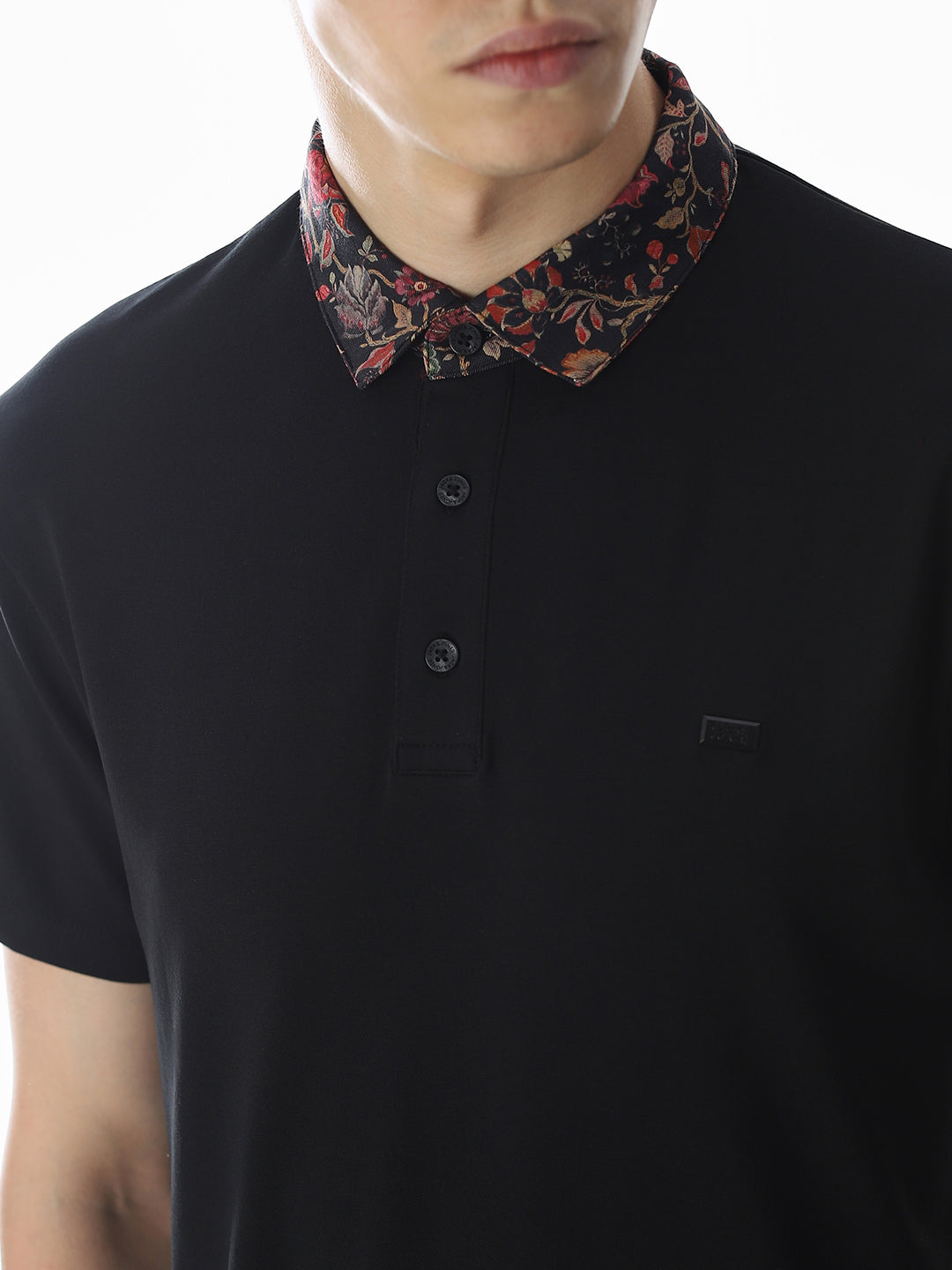 Printed Collar Regular Fit Polo - Black
