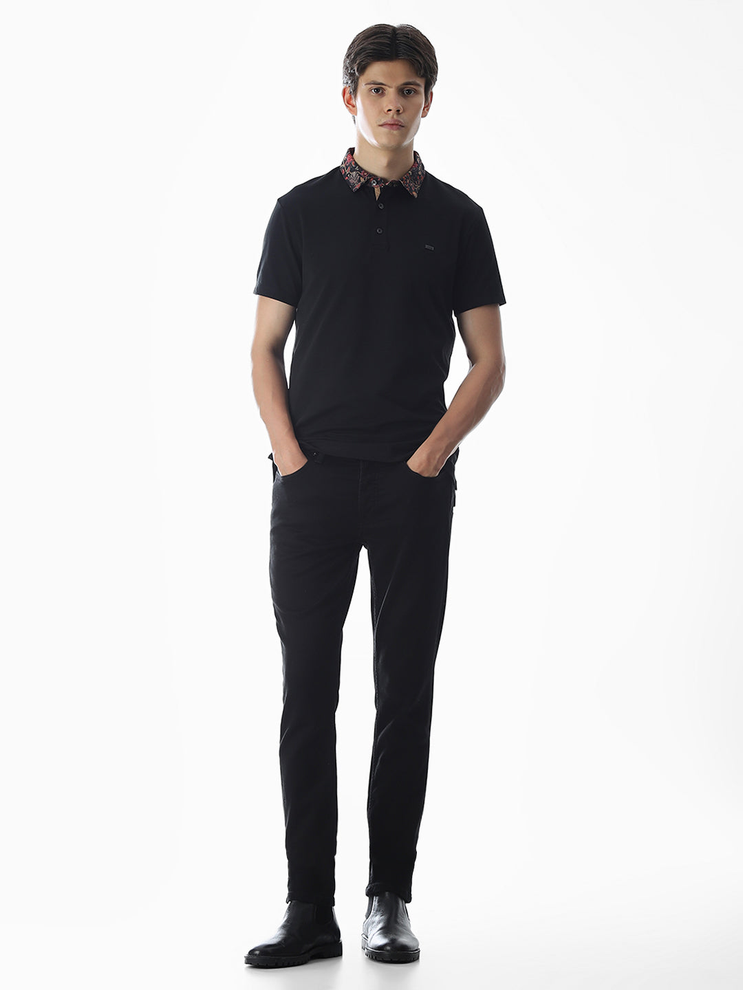 Printed Collar Regular Fit Polo - Black