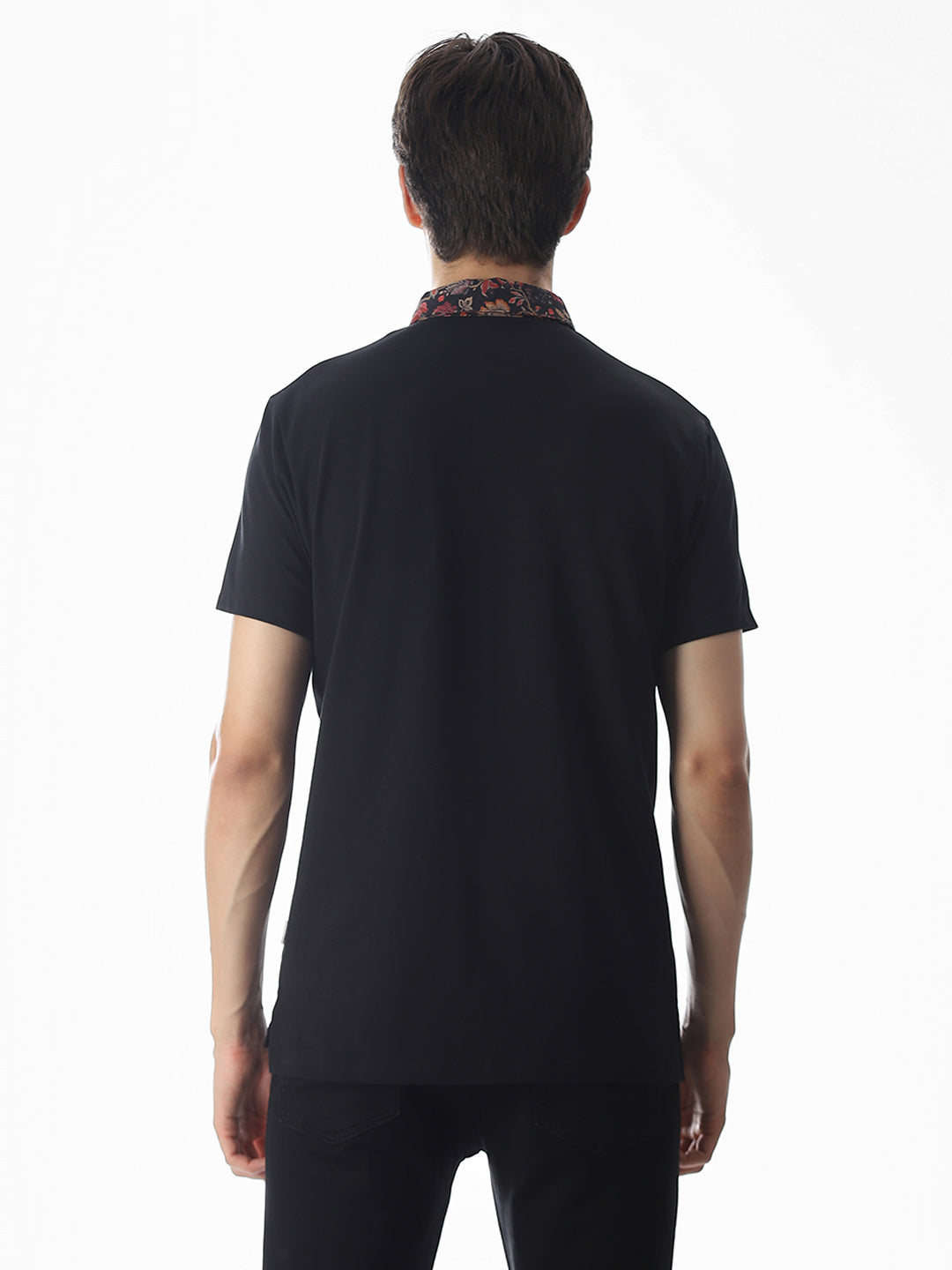 Printed Collar Regular Fit Polo - Black