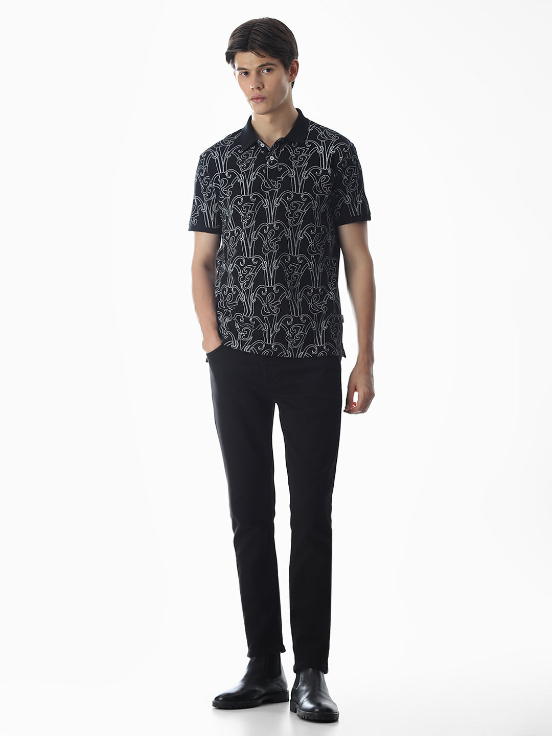 Printed Cotton Polo - Black