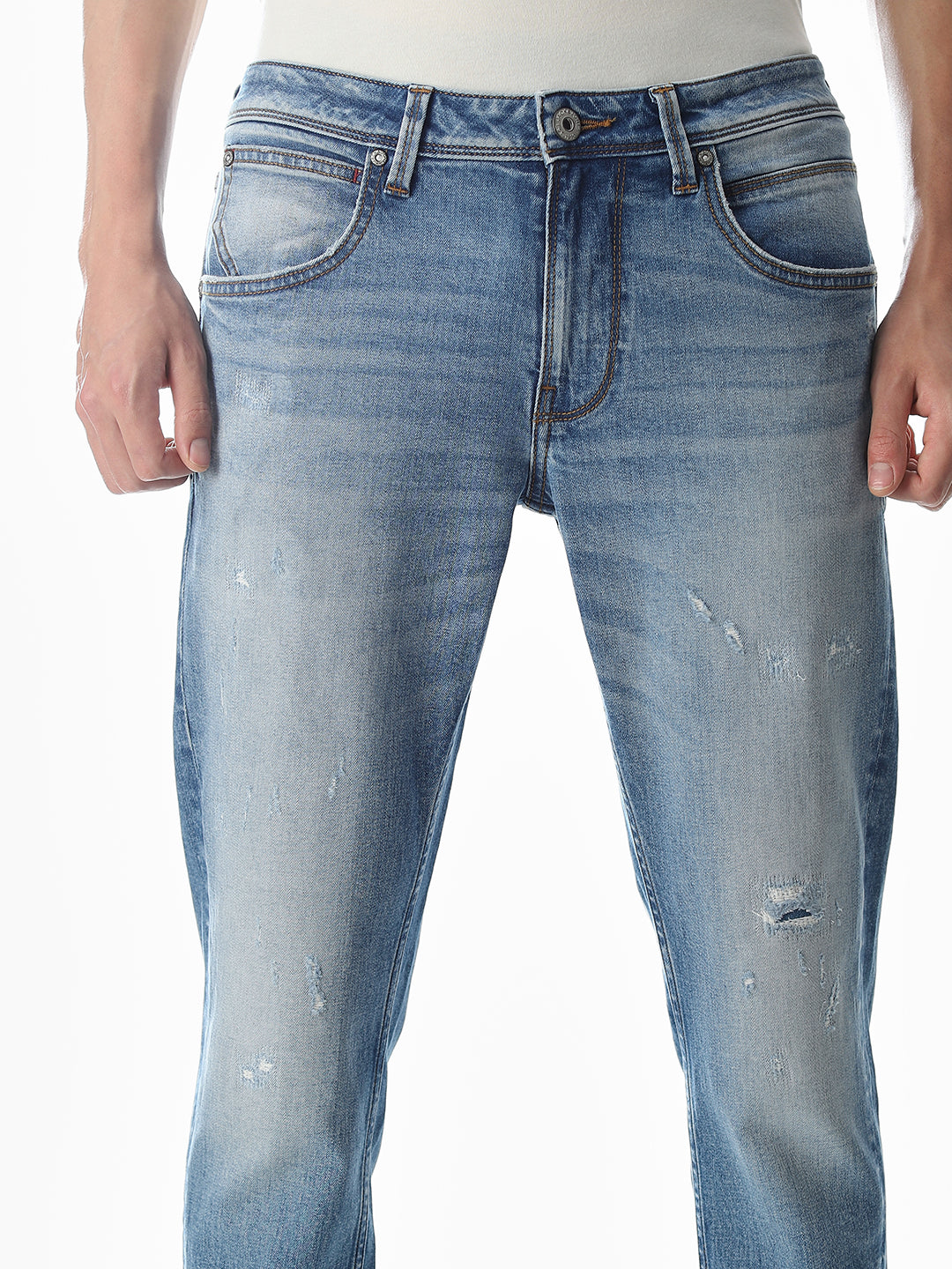 Mildly Distressed Cropped Brak Slim Jeans