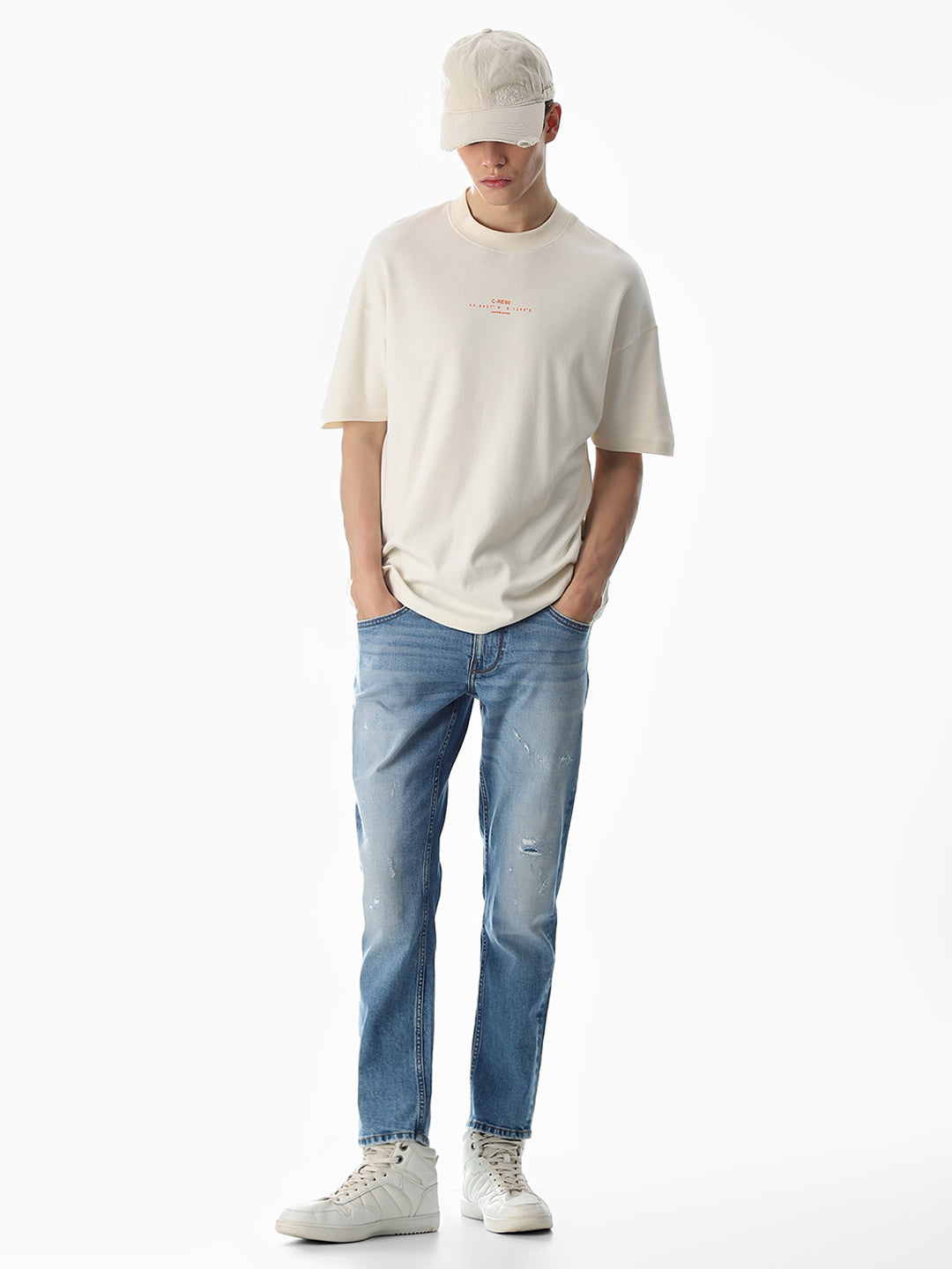 Mildly Distressed Cropped Brak Slim Jeans