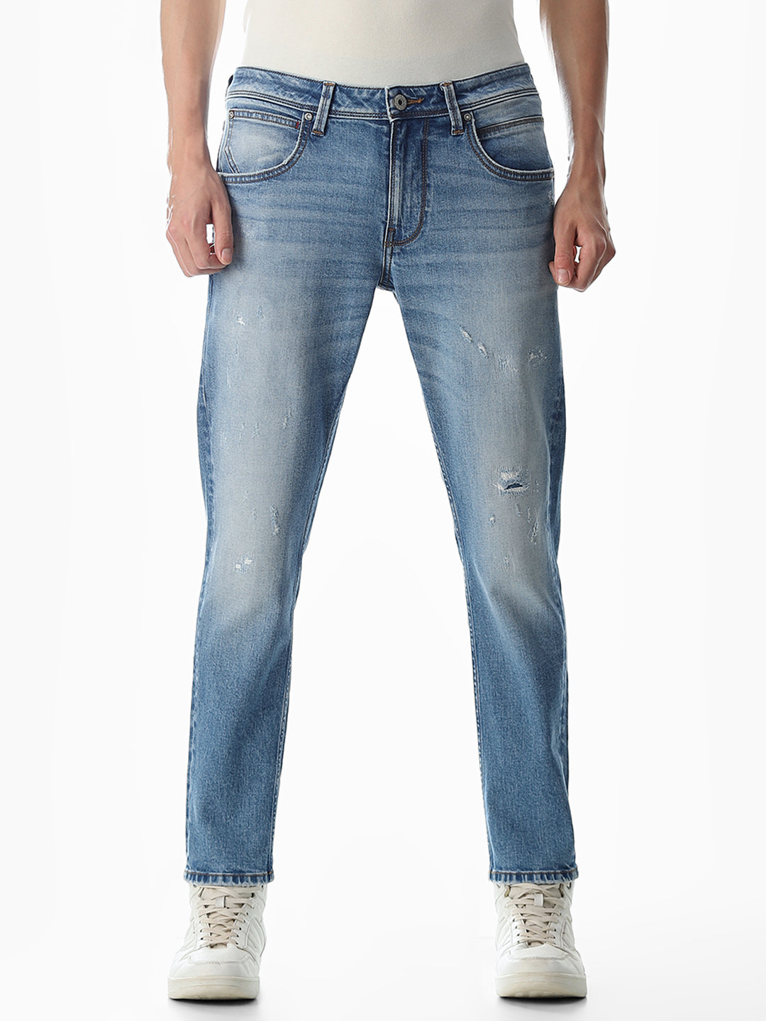 Mildly Distressed Cropped Brak Slim Jeans
