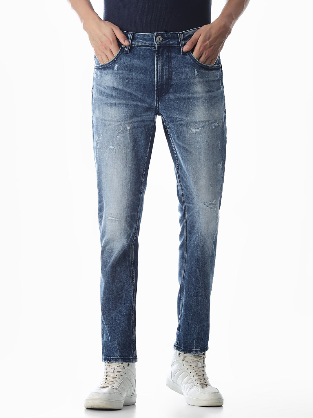 Mildly Distressed Cropped Brak Slim Jeans