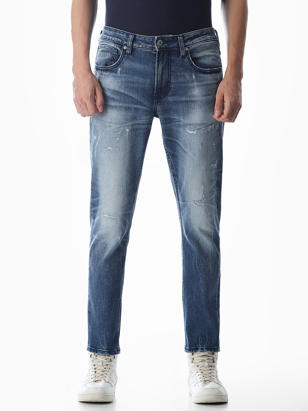 Mildly Distressed Cropped Brak Slim Jeans