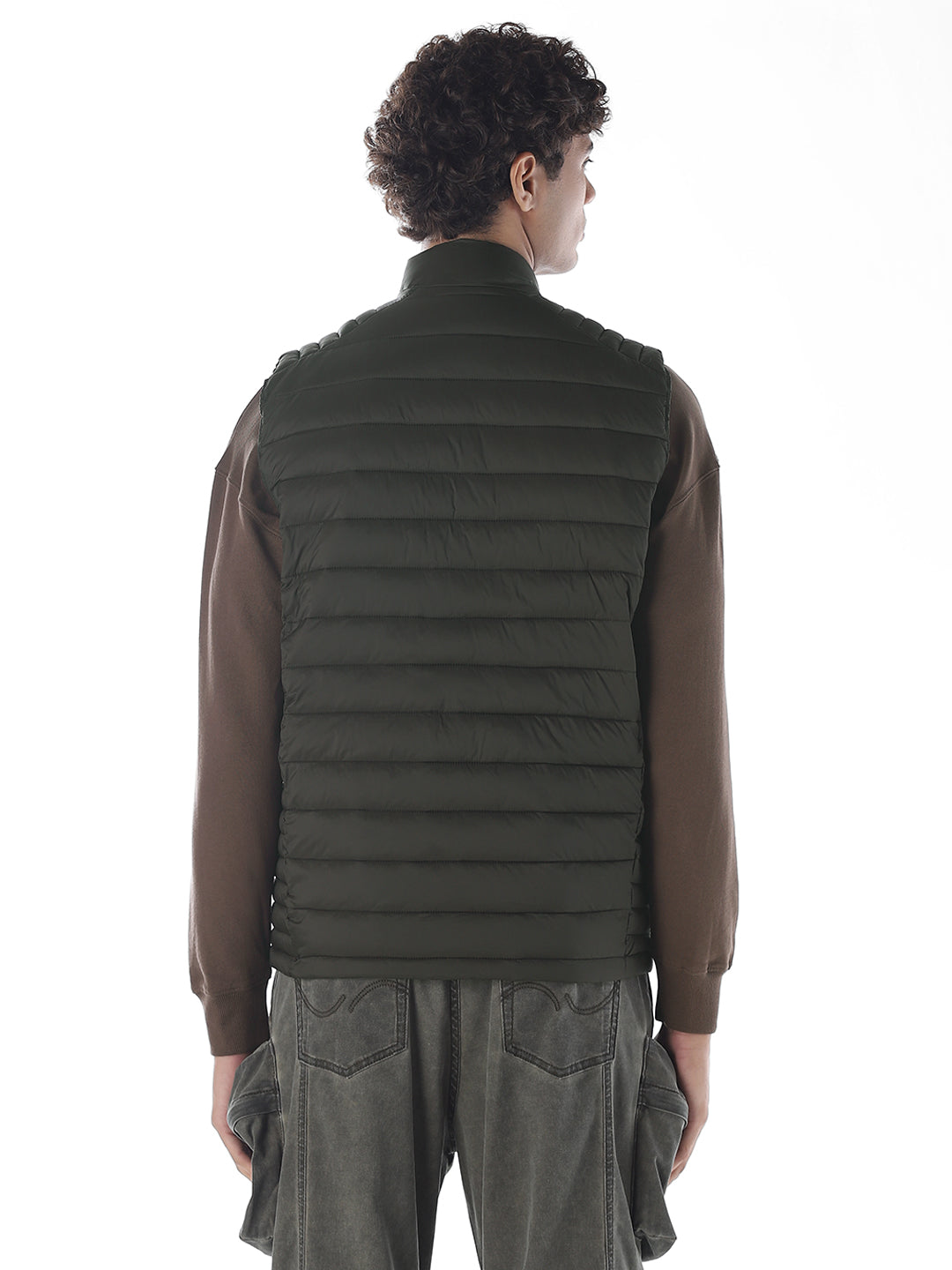 Sleeveless High Neck Puffer Vest - Green