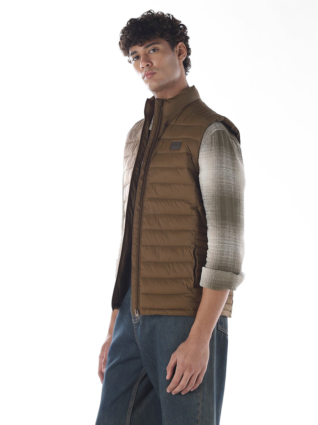 Sleeveless High Neck Puffer Vest - Brown