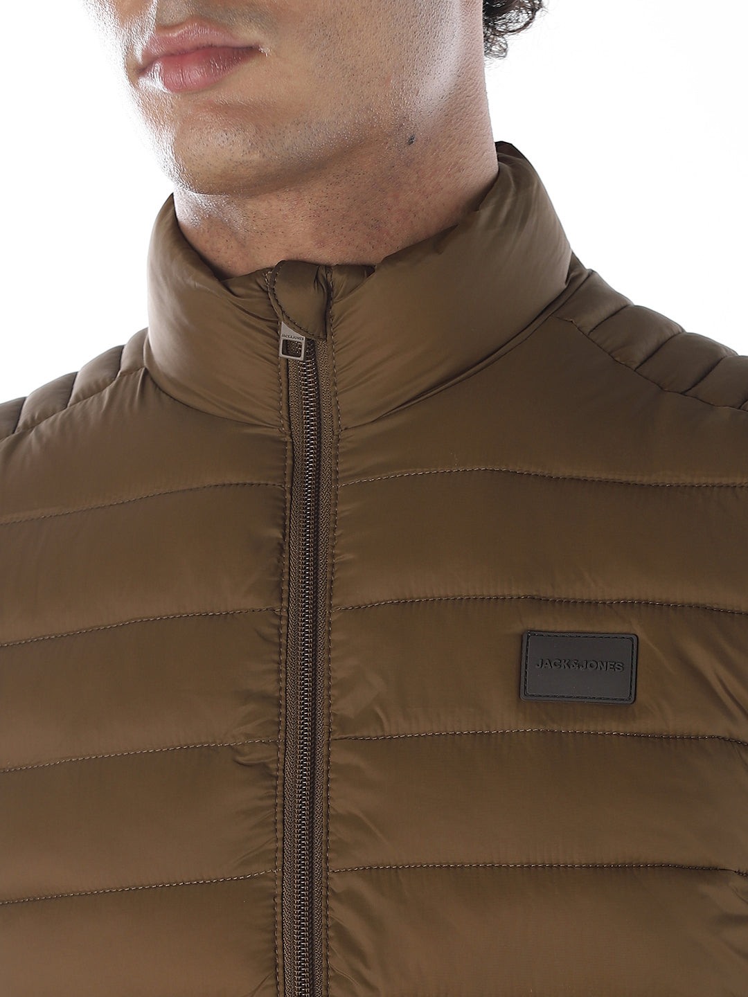 Sleeveless High Neck Puffer Vest - Brown