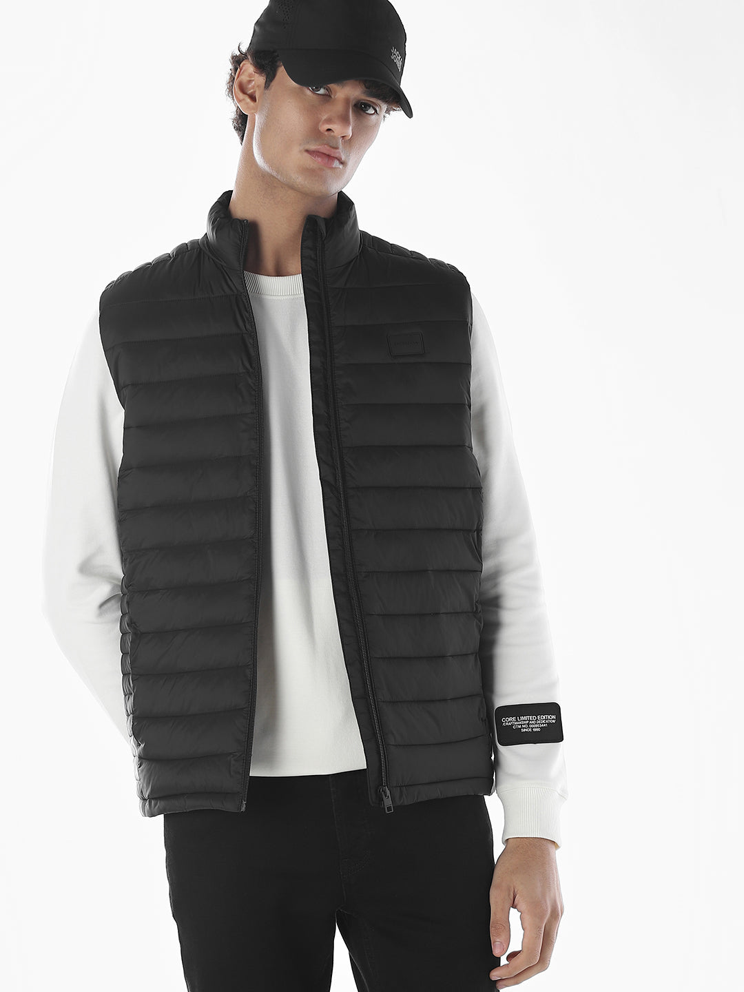 Sleeveless High Neck Puffer Vest - Black