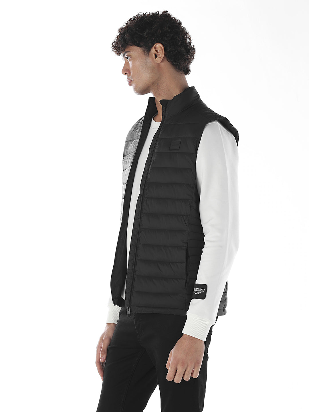 Sleeveless High Neck Puffer Vest - Black