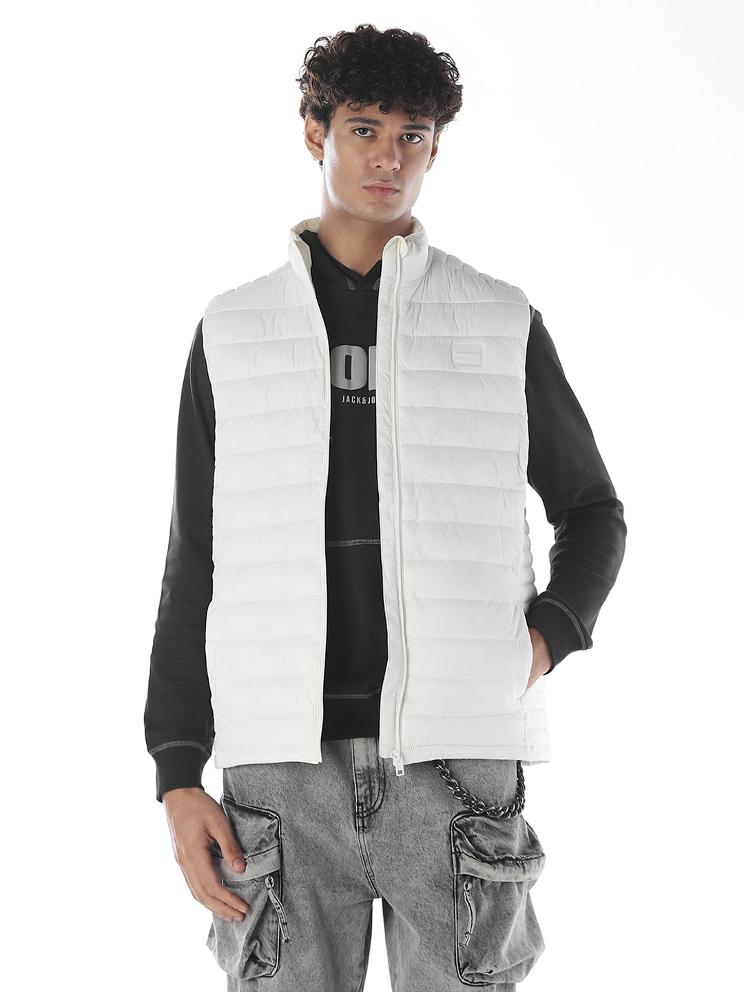 Sleeveless High Neck Puffer Vest - White