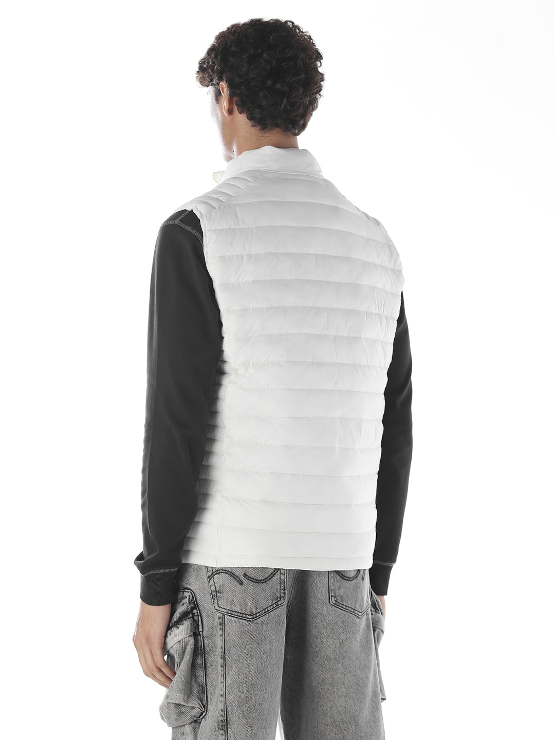 Sleeveless High Neck Puffer Vest - White
