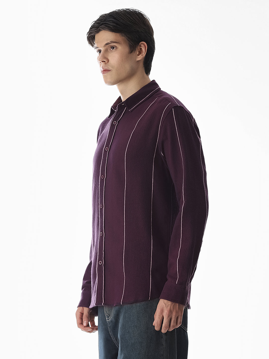 Striped Cotton Full Sleeves Shirt - Purple