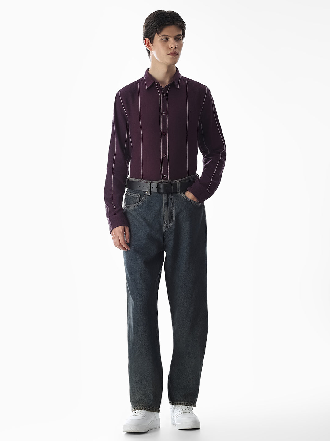 Striped Cotton Full Sleeves Shirt - Purple