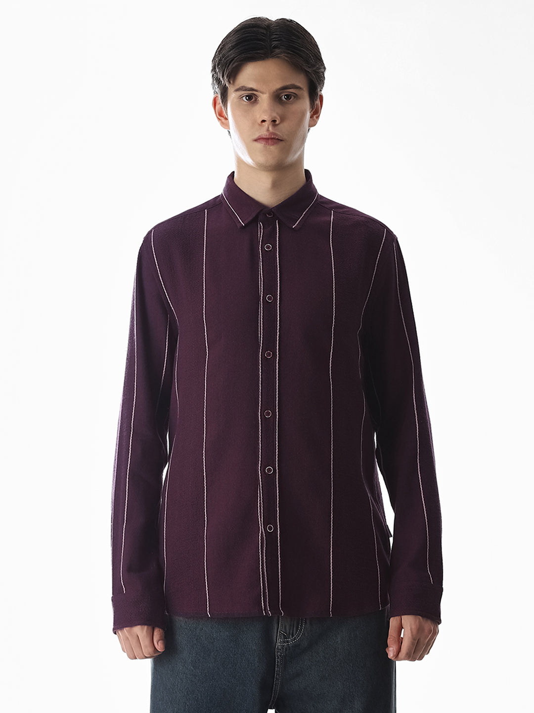 Striped Cotton Full Sleeves Shirt - Purple