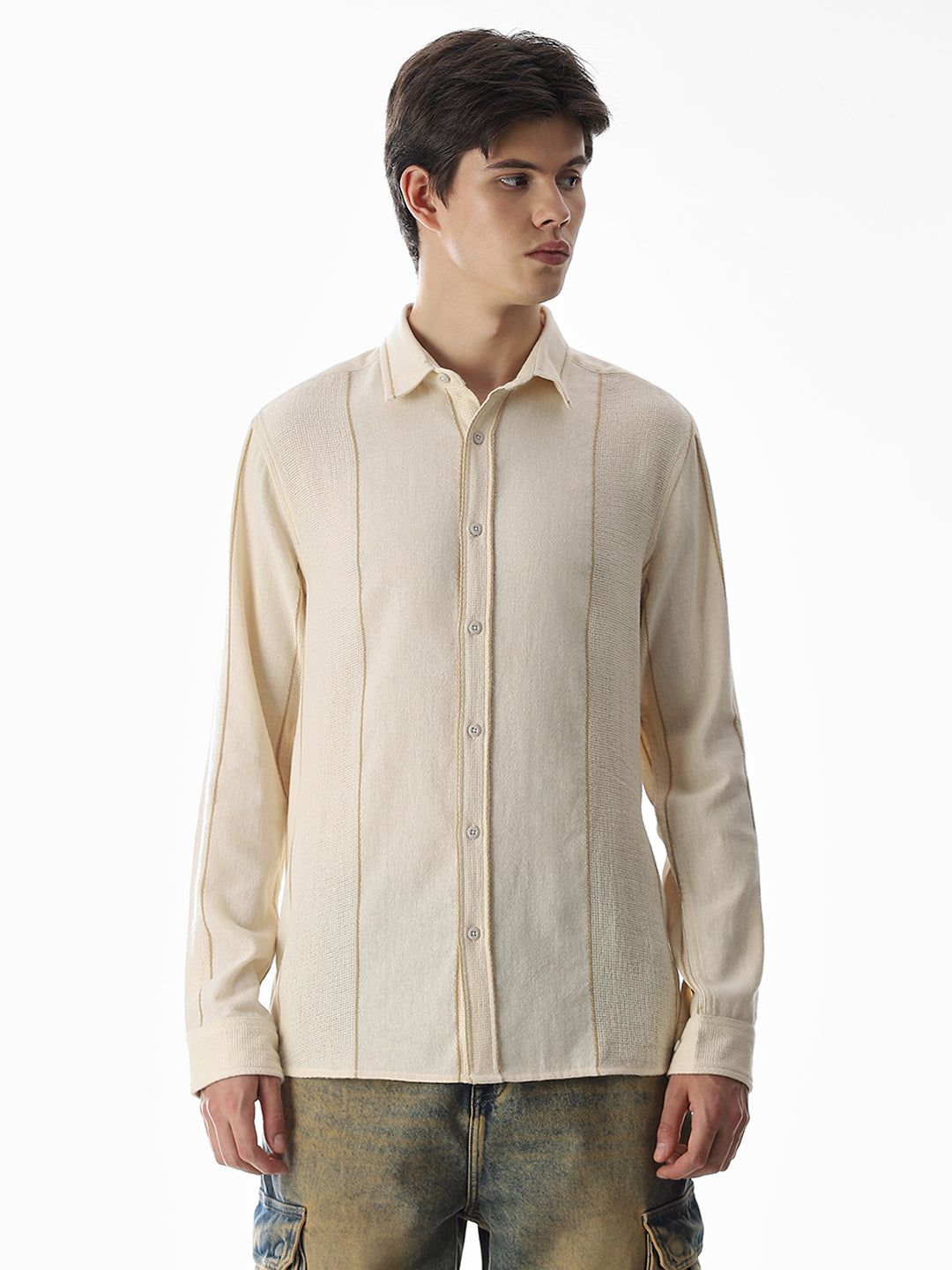 Striped Cotton Full Sleeves Shirt - Beige