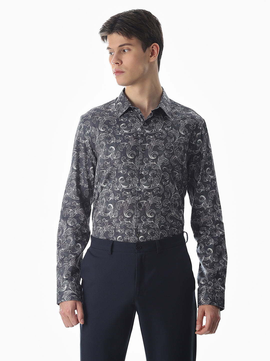 Abstract Print Slim Fit Shirt - Navy Blue