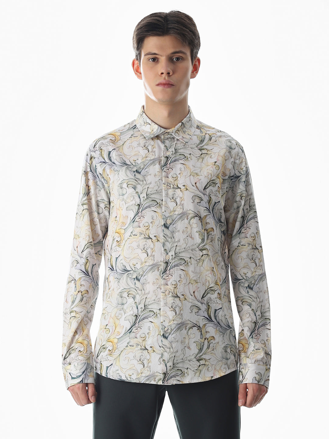 White Dobby Abstract Print Shirt