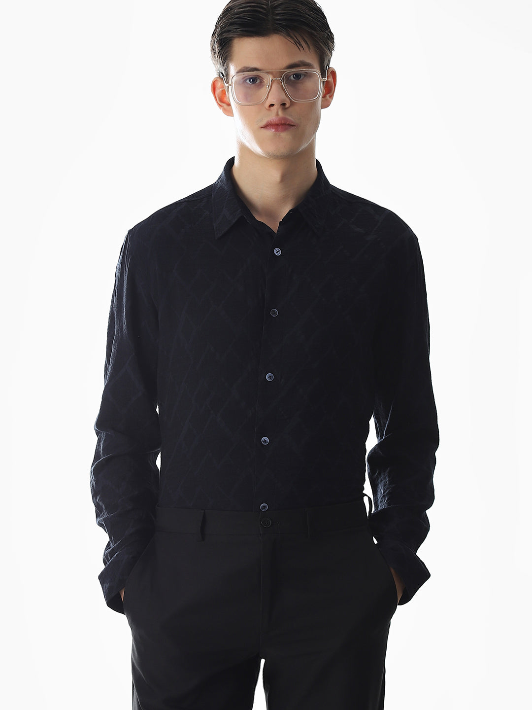 Navy Blue Jacquard Slim Fit Shirt