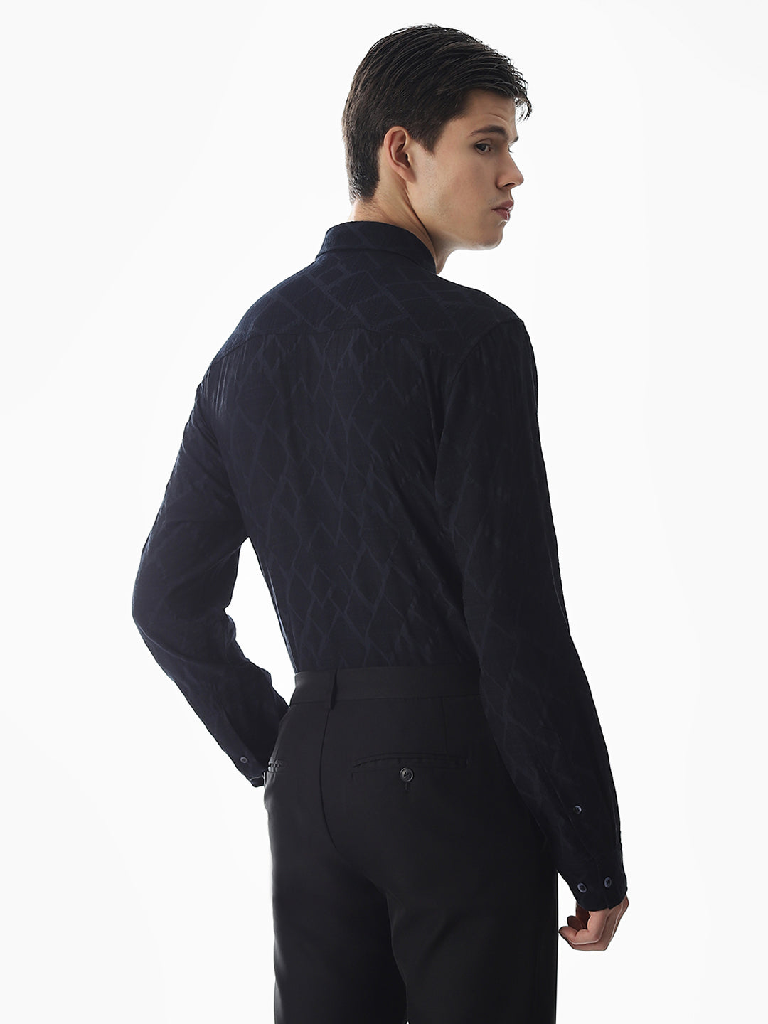 Navy Blue Jacquard Slim Fit Shirt