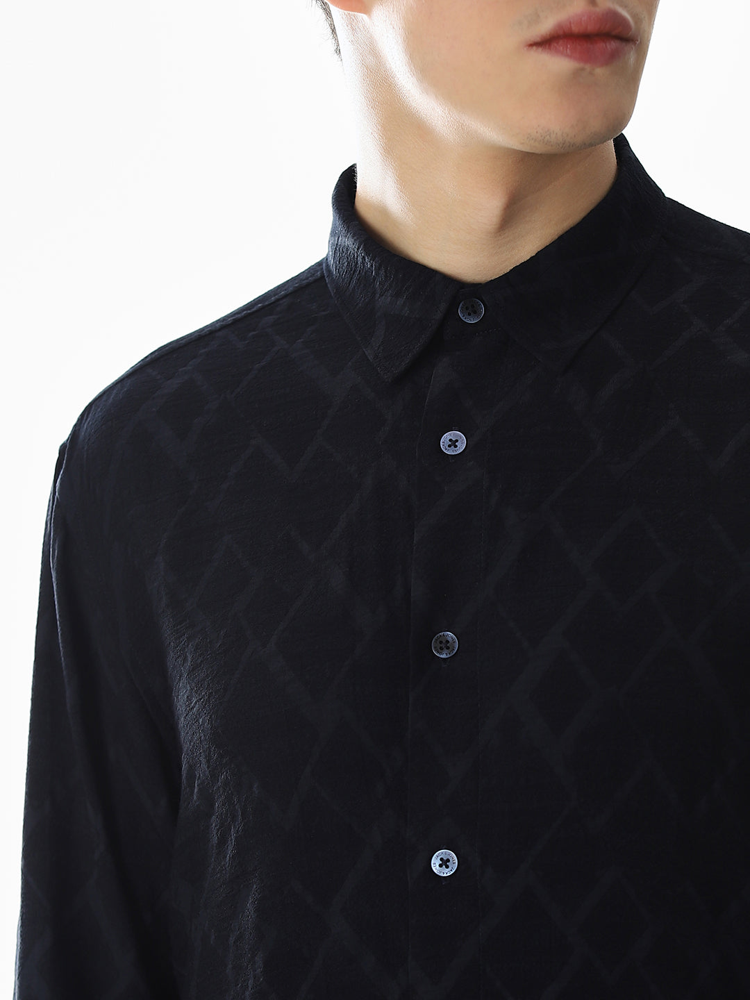 Navy Blue Jacquard Slim Fit Shirt