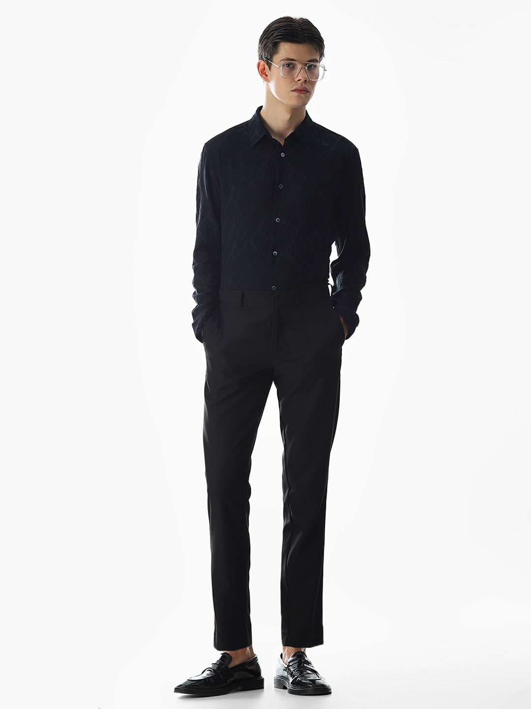 Navy Blue Jacquard Slim Fit Shirt