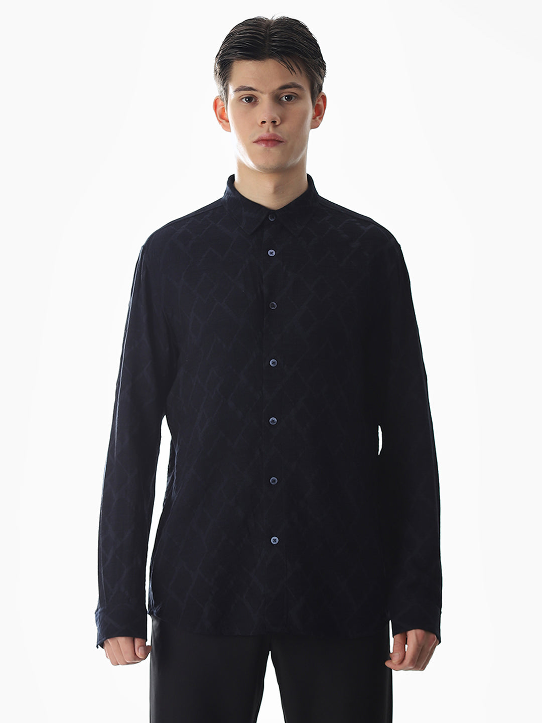 Navy Blue Jacquard Slim Fit Shirt