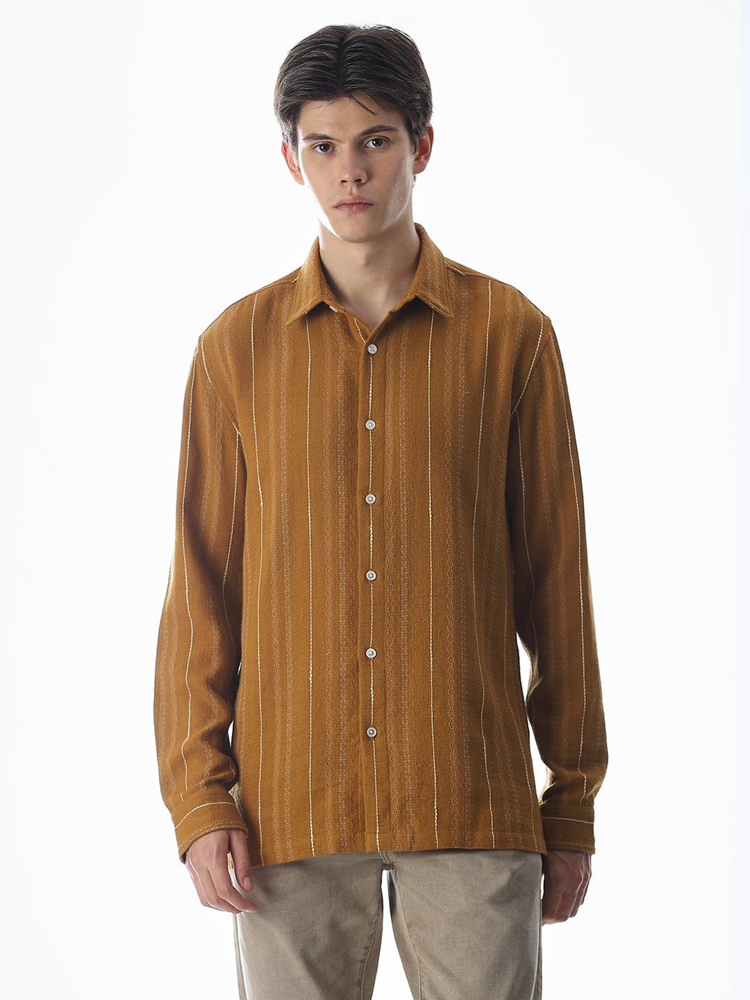 Regular Fit Striped Shirt - Golden Brown